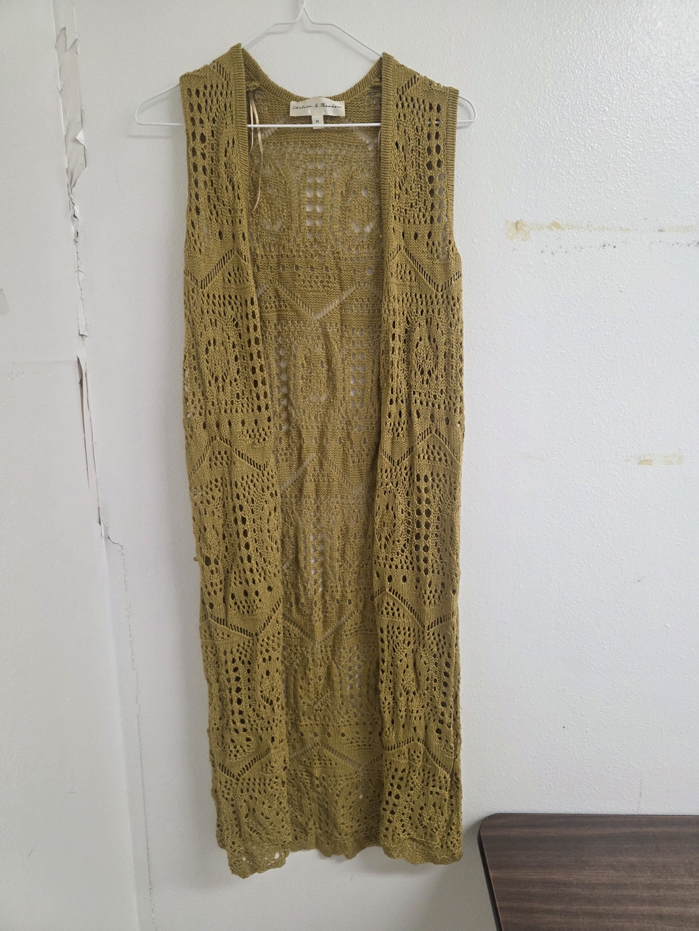 Chelsea & Theodore Mustard Crochet Sleeveless Duster Vest (0584)